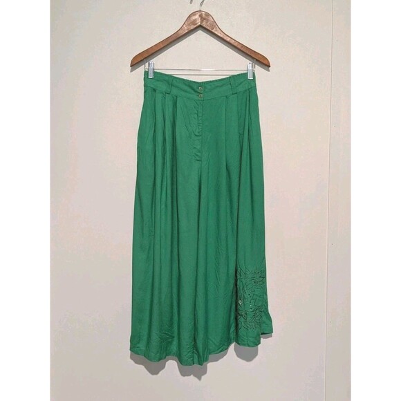 Vintage Dalin Bold Green Culottes Pants 80s Rayon High Rise Gauchos Emb W28 M/L - Picture 1 of 7